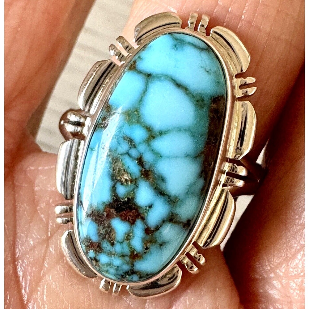 Navajo Sonoran Turquoise Ring Sz 8‎ Sterling Norvin Johnson Shine Fluted Native